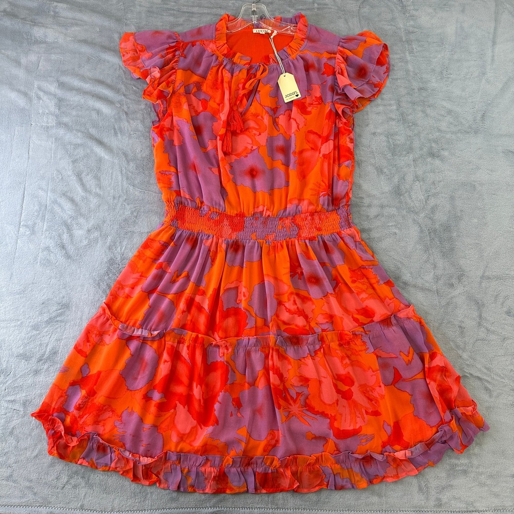 NWT Jodifl Floral Mini Dress Orange Purple Ruffle Smocked Waist H20967-1 Large